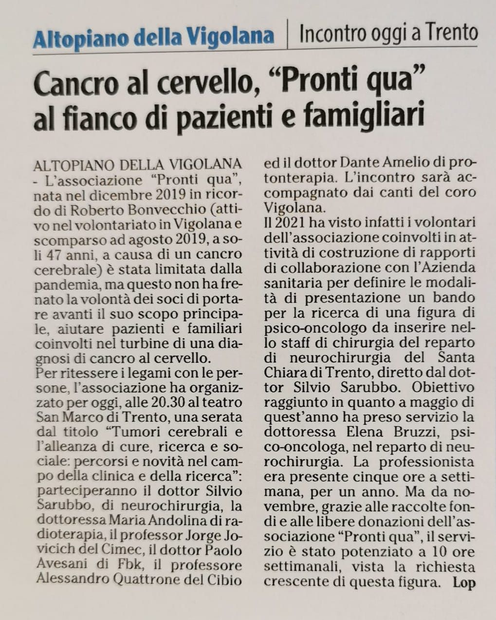 Serata "Tumori cerebrali e l'alleanza di cure, ricerca e sociale: percorsi e novità nel campo della clinica e della ricerca"